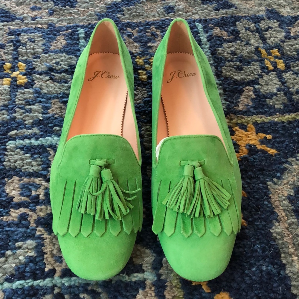 NIB J. Crew Kid Suede Tassel Smoking Slipper in Vivid Lime, size 7